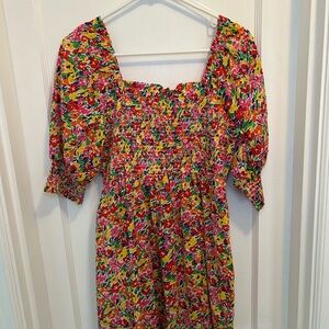 RIXO Smocked Floral Puff Sleeve Mini Dress